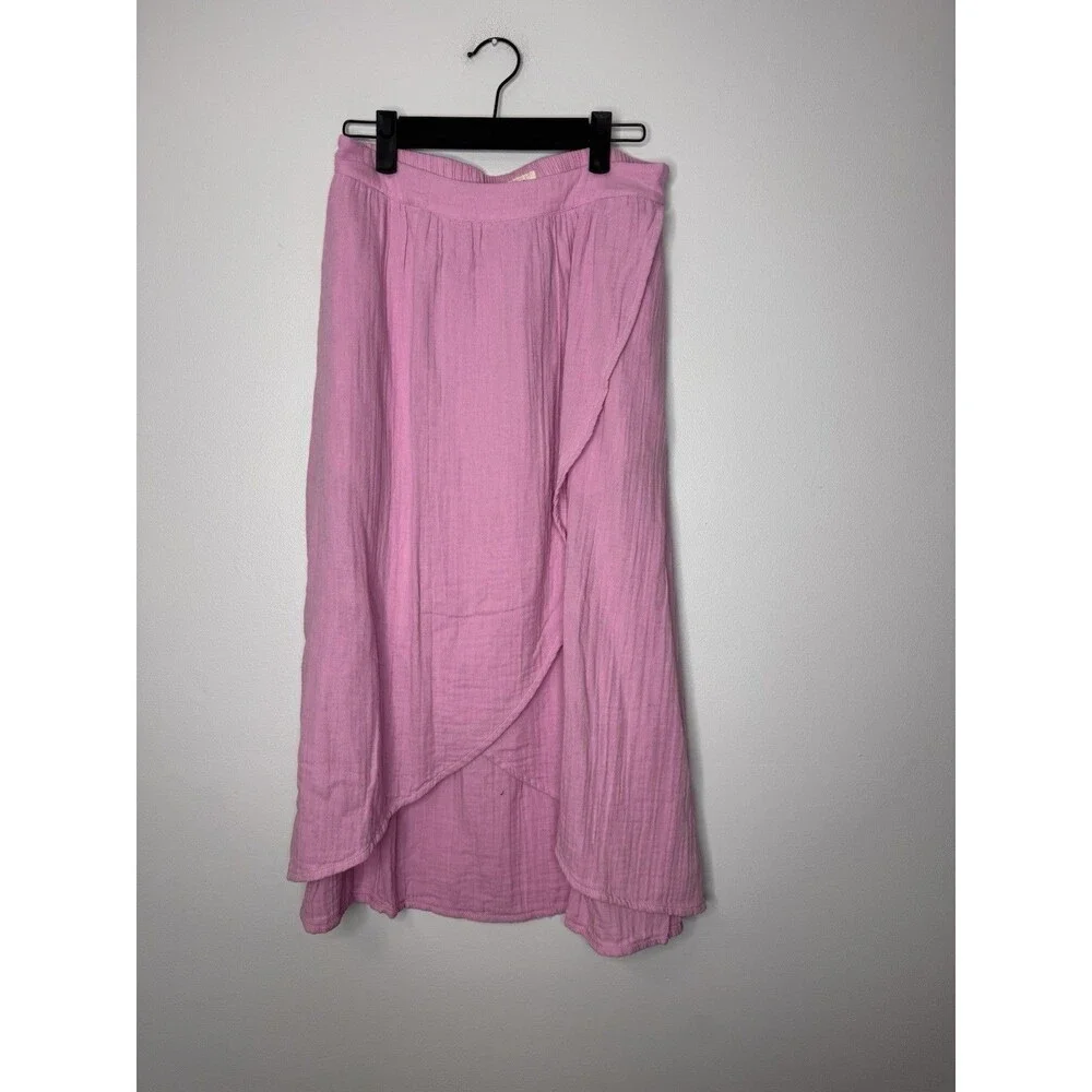 PACT Organic Cotton Midi Skirt Double Gauze Faux Wrap Pink Small Boho Coastal
